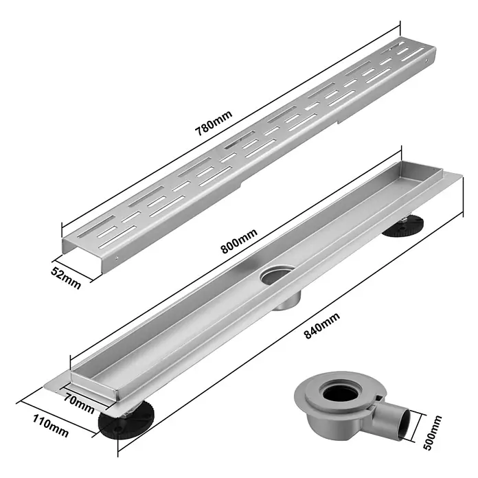 LOMAZOO Duschsystem SFD-01-BRUSHED-80 - Stahl - Edelstahl-Linienentwässerungsset für Duschen mit Rost, Rinne und Ablaufanschluss.