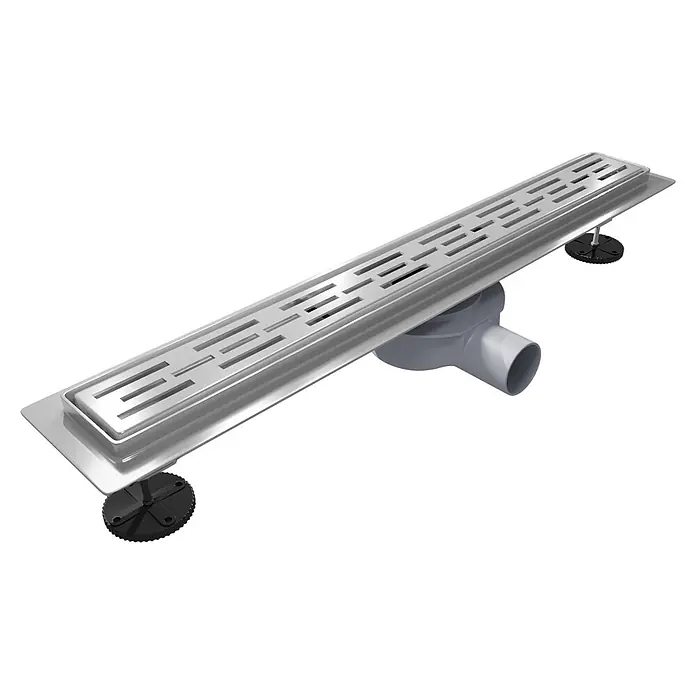 LOMAZOO Duschsystem SFD-01-BRUSHED-80 - Stahl - Edelstahl-Duschrinne mit grauem Kunststoffabfluss und schwarzen Stellfüßen.
