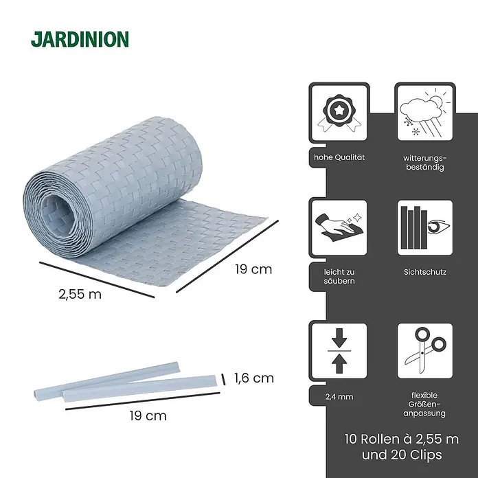 Jardinion Sichtschutzelement 10x Sichtschutzstreifen 250cm x 19cm inkl. Klemmschienen Hellgrau - B x H: 24 x 19 cm, Kunststoff, Silber - Paket mit 10 hellblauen geflochtenen Garten-Sichtschutzrollen, 2,55 m lang, 19 cm breit, mit 20 Clips.
