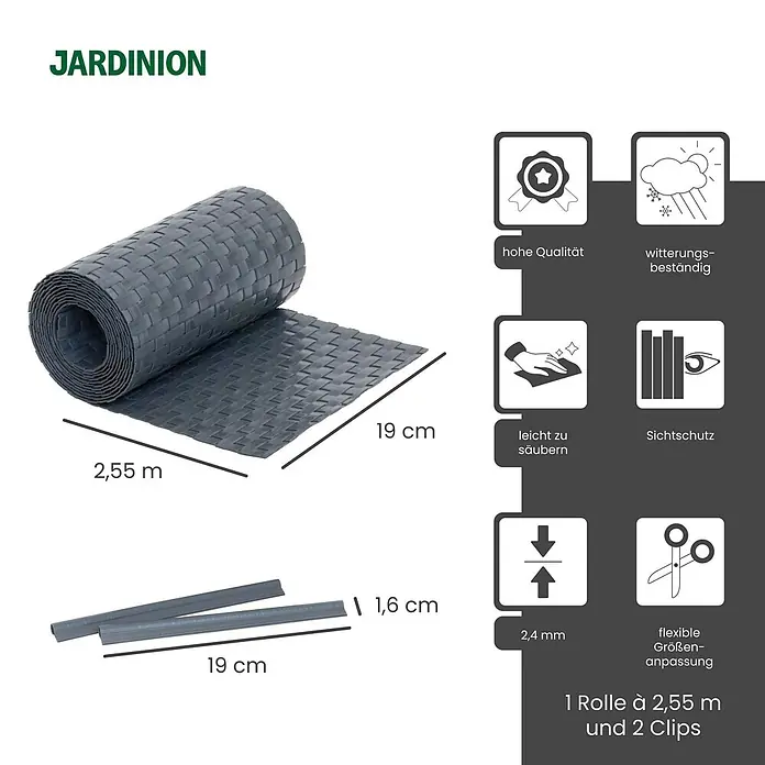 Jardinion Sichtschutzelement 250cm Sichtschutzstreifen 19cm x 2,4mm inkl. Klemmschienen Anthrazit - B x H: 24 x 19 cm, Kunststoff, Anthracite - Gerollter grauer geflochtener Sichtschutz, 2,55m x 19cm, 2,4mm dick, mit zwei 19cm Clips.