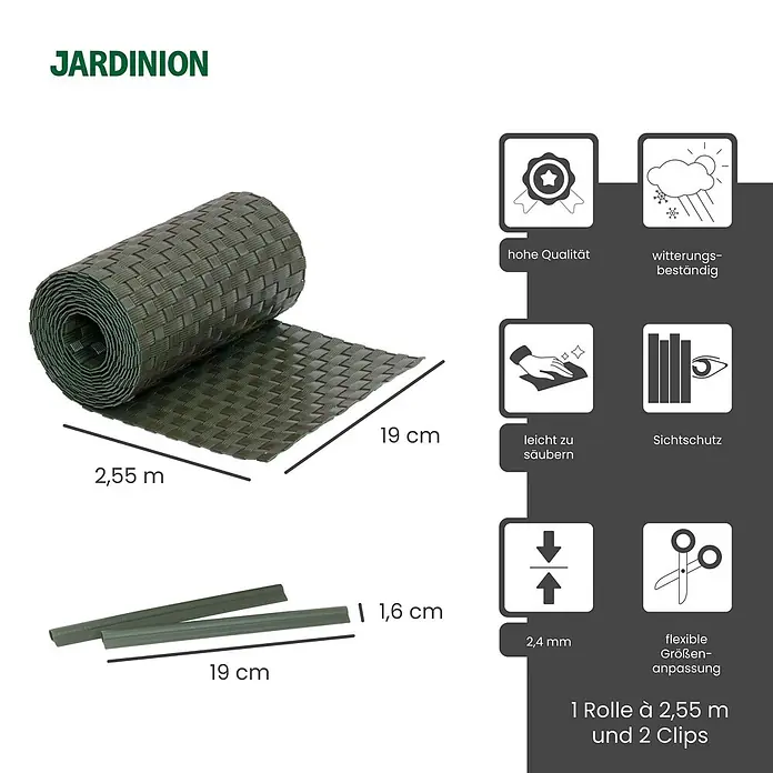 Jardinion Sichtschutzelement 250cm Sichtschutzstreifen 19cm x 2,4mm inkl. Klemmschienen Grün - Kunststoff, Grün - Gerollter grüner Sichtschutz (2,55m x 19cm) mit zwei passenden Clips.