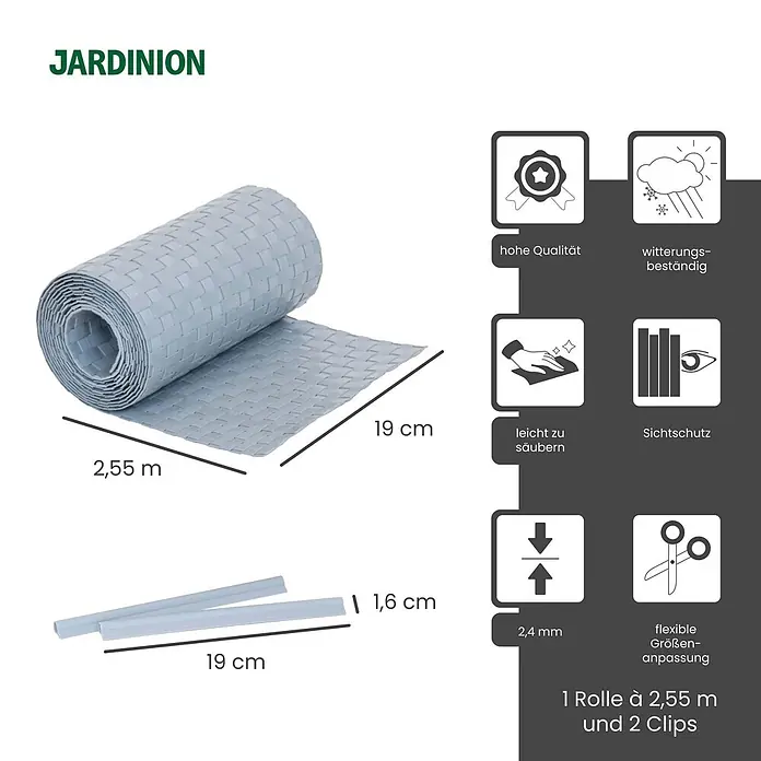 Jardinion Sichtschutzelement 250cm Sichtschutzstreifen 19cm x 2,4mm inkl. Klemmschienen Hellgrau - B x H: 24 x 19 cm, Kunststoff, Silber - Hellblaue geflochtene Sichtschutzrolle (2,55m x 19cm) mit 2 Clips.