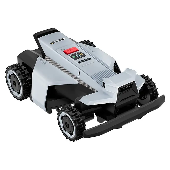 Segway Mähroboter Navimow X450 - 5.000 m², Schnittbreite: 43 cm, Satellitengestützte Navigation, RTK - Ein grau-schwarzer Mähroboter mit robusten Rädern und einem Bedienfeld mit rotem STOP-Knopf und Display.