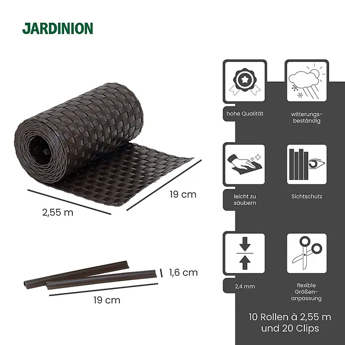 Jardinion Sichtschutzelement 10x Sichtschutzstreifen 250cm x 19cm inkl. Klemmschienen Dunkelbraun - Kunststoff, Braun - Braunes, geflochtenes Sichtschutzband (19cm breit, 2.55m lang), aufgerollt mit Befestigungsclips.
