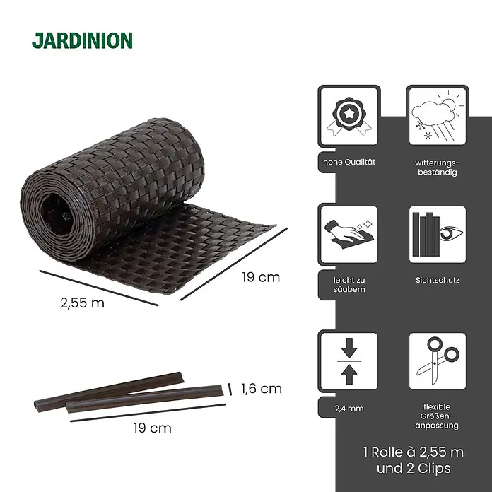 Jardinion Sichtschutzelement 250cm Sichtschutzstreifen 19cm x 2,4mm inkl. Klemmschienen Dunkelbraun - B x H: 24 x 19 cm, Kunststoff, Braun - Dunkelbraune Sichtschutzrolle (2,55m x 19cm) mit 2 Clips. Witterungsbeständig und leicht zu reinigen.