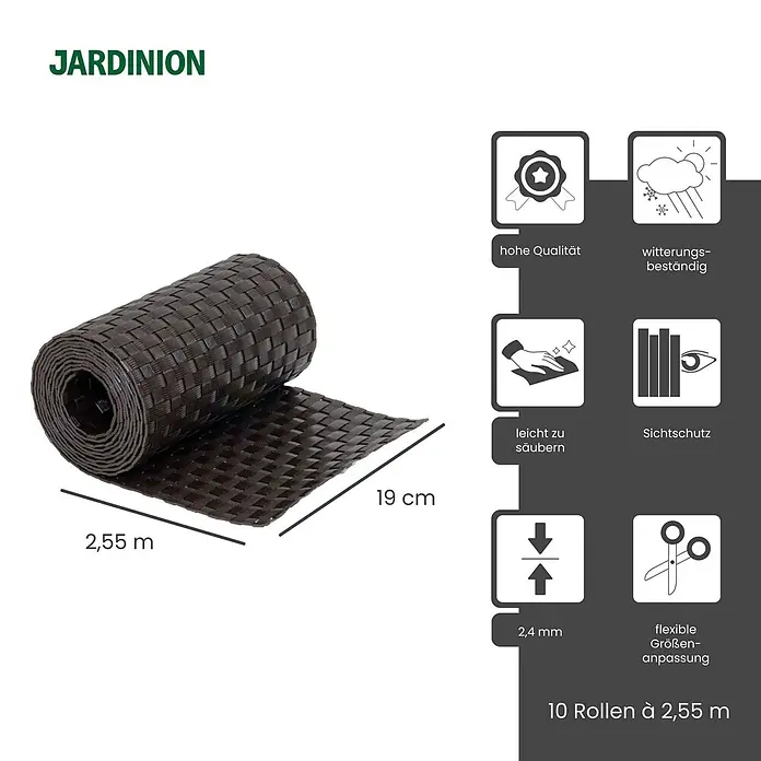 Jardinion Sichtschutzelement 10x Sichtschutzstreifen 250cm x 19cm x 2,4mm Dunkelbraun - B x H: 24 x 19 cm, Kunststoff, Braun - Aufgerollter brauner Sichtschutz aus Geflecht, 2,55 m lang und 19 cm hoch, mit strukturierter Oberfläche.