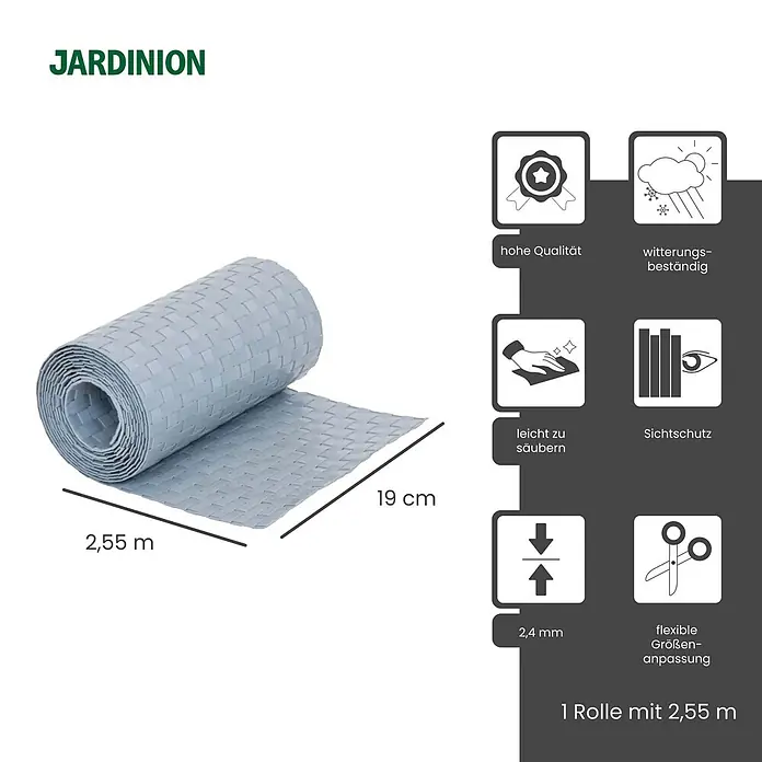 Jardinion Sichtschutzelement 250cm Sichtschutzstreifen 19cm x 2,4mm Doppelstabmattenzaun Hellgrau - B x H: 24 x 19 cm, Kunststoff, Silber - Eine Rolle hellgraues, gewebtes Sichtschutzmaterial, 19 cm breit und 2,55 m lang.