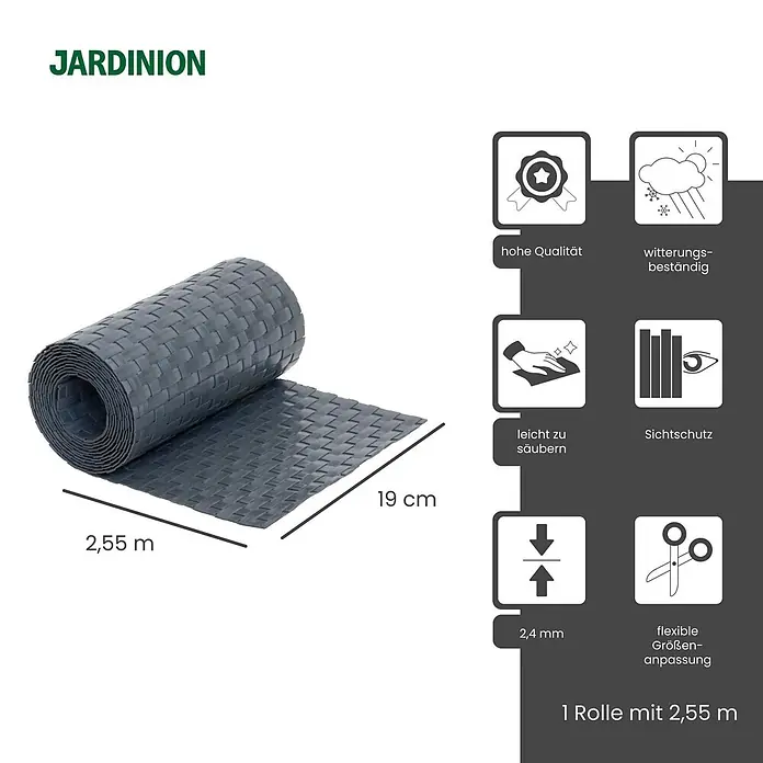 Jardinion Sichtschutzelement 250cm Sichtschutzstreifen 19cm x 2,4mm Doppelstabmattenzaun Anthrazit - Kunststoff, Anthracite - Dunkelgraues geflochtenes Sichtschutzmaterial, aufgerollt, mit einer Länge von 2,55 m und einer Breite von 19 cm.