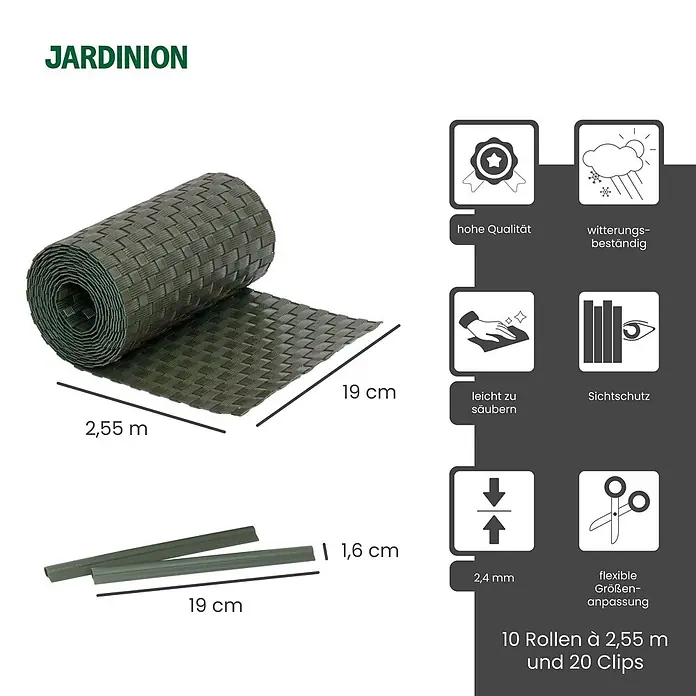 Jardinion Sichtschutzelement 10x Sichtschutzstreifen 250cm x 19cm inkl. Klemmschienen Grün - B x H: 24 x 19 cm, Kunststoff, Grün - Grüner geflochtener Sichtschutz aus Kunststoff, mit Maßen und Clips.