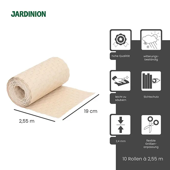 Jardinion Sichtschutzelement 10x Sichtschutzstreifen 250cm x 19cm x 2,4mm Beige - B x H: 24 x 19 cm, Kunststoff, Beige - Hellbeiger, geflochtener Sichtschutzstreifen auf Rolle, 19cm breit, 2,55m lang, im 10er-Pack.
