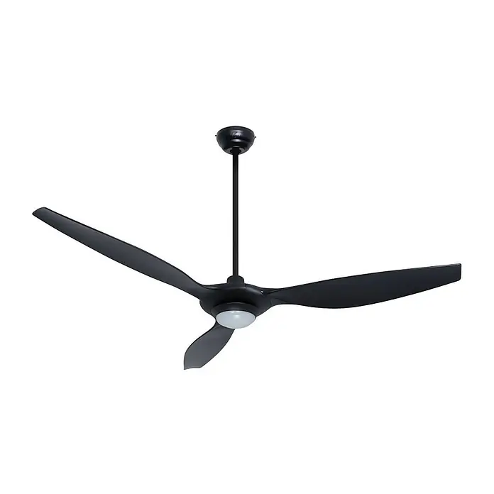 Vam Deckenventilator Outdoor Deckenventilator SLIM mit LED schwarz 157 cm - SCHWARZ, 1.570 mm, 37 W - Schwarzer Deckenventilator mit drei geformten Flügeln und integriertem weißen LED-Licht, hängend an einer schwarzen Stange.