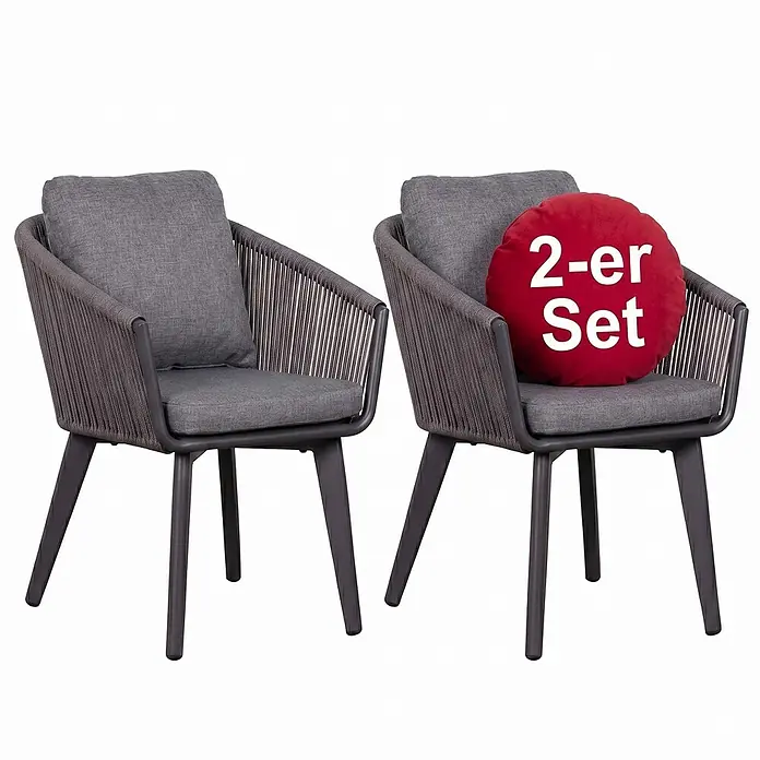 Bene Living Gartenstuhl-Set Marbella - 2 Stk., Aluminium mir Rope-Geflecht, grau, B x T x H: 63 x 58 x 78 cm - Zwei graue Stühle mit geflochtenen Details und Kissen; einer hat ein rotes "2-er Set" Kissen.
