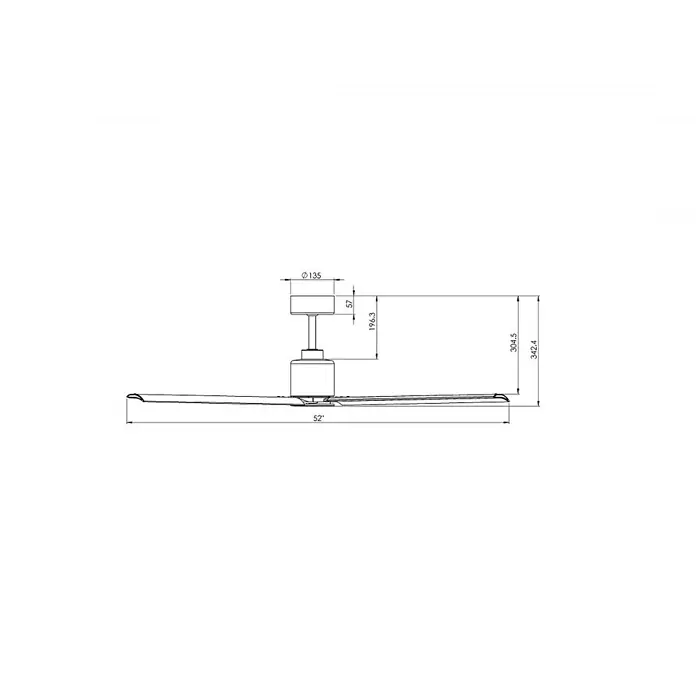 Vam Deckenventilator Outdoor Deckenventilator GARDEN silber 132 cm - SILBER, 1.320 mm, 31 W - Technische Zeichnung eines Deckenventilators mit Flügeln, der verschiedene Abmessungen, einschließlich einer Spannweite von 52 Zoll, zeigt.