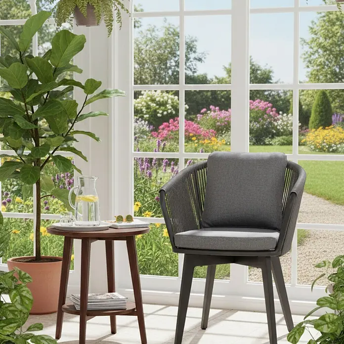 Bene Living Gartenstuhl-Set Marbella - 2 Stk., Aluminium mir Rope-Geflecht, grau, B x T x H: 63 x 58 x 78 cm - Grauer Polster-Loungesessel und dunkler Holztisch in einem hellen Wintergarten.