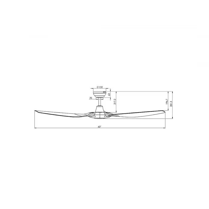 Vam Deckenventilator Outdoor Deckenventilator GARDEN silber 132 cm - SILBER, 1.320 mm, 31 W - Technische Zeichnung eines 60-Zoll-Deckenventilators mit detaillierten Maßen.