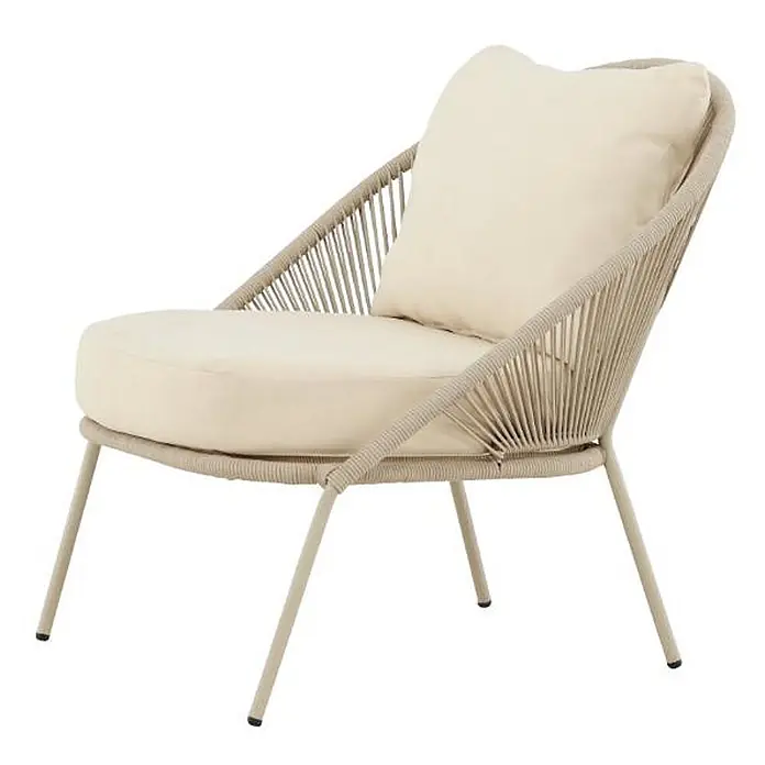 Ebuy24 Gartensessel Lindos 2er-Set - 2 Stk., Stahl, Beige, B x T x H: 74 x 81 x 77 cm - Beiger Lounge-Sessel aus geflochtenem Seil mit Metallbeinen und cremefarbenen Kissen.