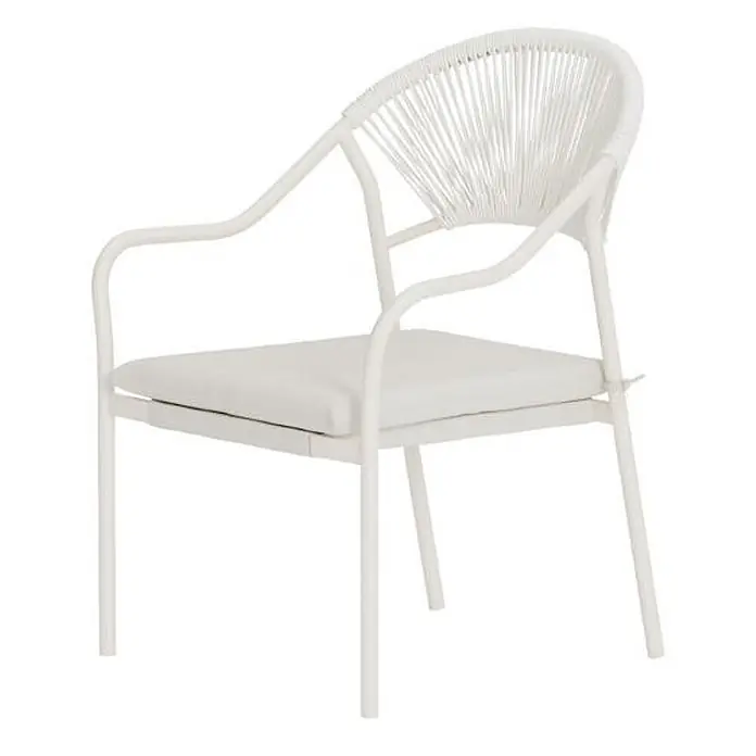 Ebuy24 Gartenstuhl Paros - Stahl, Beige, B x T x H: 56 x 65 x 84 cm - Weißer Outdoor-Stuhl mit geflochtener Rückenlehne und Kissen.