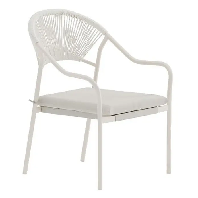 Ebuy24 Gartenstuhl Paros - Stahl, Beige, B x T x H: 56 x 65 x 84 cm - Weißer Outdoor-Stuhl mit geflochtener Rückenlehne aus Seil, Metallrahmen und Sitzkissen.