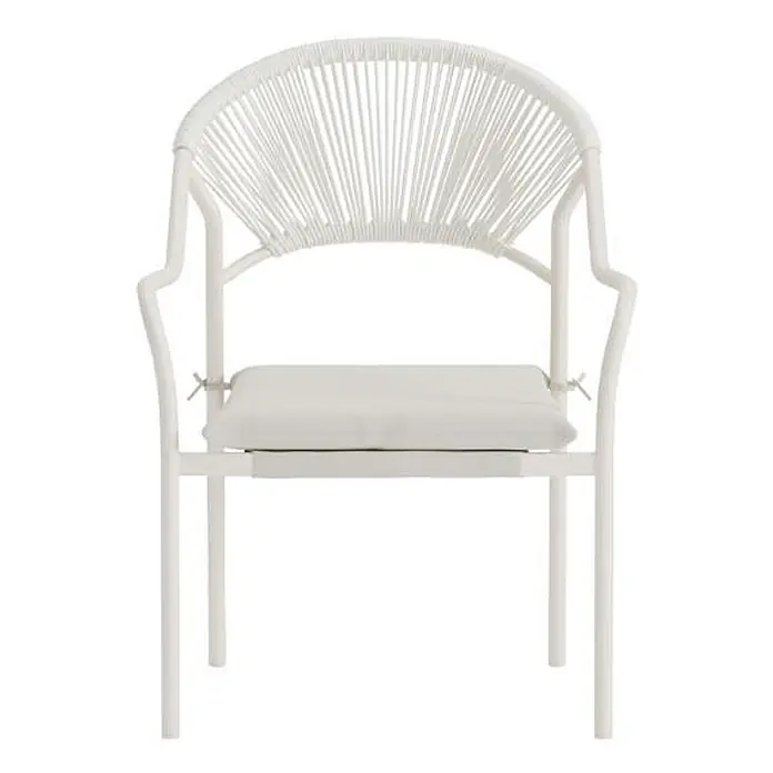 Ebuy24 Gartenstuhl Paros - Stahl, Beige, B x T x H: 56 x 65 x 84 cm - Weißer Outdoor-Stuhl aus Metall und Kordel mit weißem Kissen.
