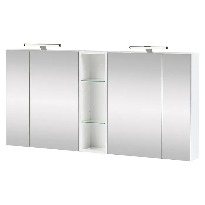 Schildmeyer LED-Spiegelschrank Roma - B x H: 1.416 x 750 mm, Holz, Weiß Glanz - Weißer Spiegelschrank mit zwei Spiegelflächen, offenen Glasregalen in der Mitte und integrierter LED-Beleuchtung.