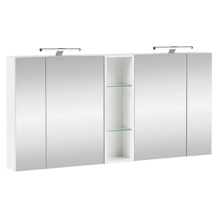 Schildmeyer LED-Spiegelschrank Roma - B x H: 1.416 x 750 mm, Holz, Weiß Glanz - Weißer Spiegelschrank mit zwei Spiegeltüren, einem offenen Mittelteil mit Glasböden und zwei oben angebrachten LED-Leuchten.