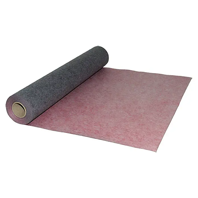Racofix RF-100 Dichtfolie Meterware - Max. Zuschnittsmaß: 15 m, Breite: 1 m, Als Zuschnitt erhältlich - Bild eines Teppichunterlage in Rollenform, teilweise ausgerollt mit einer pinken Farbe. Ideal für die Verbesserung des Komforts unter Teppichen.