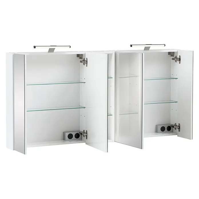 Schildmeyer LED-Spiegelschrank Roma - B x H: 1.416 x 750 mm, Holz, Weiß Glanz - Weißer Badezimmerschrank mit Spiegeltüren, Glasböden, LED-Beleuchtung und integrierten Steckdosen.