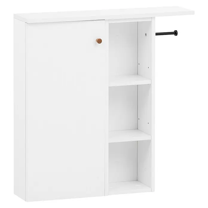 Schildmeyer Bjarne Midischrank - Mattweiß - Weißer Wandschrank mit Schiebetür, Holzknauf, offenen Regalen und schwarzer Kleiderstange.