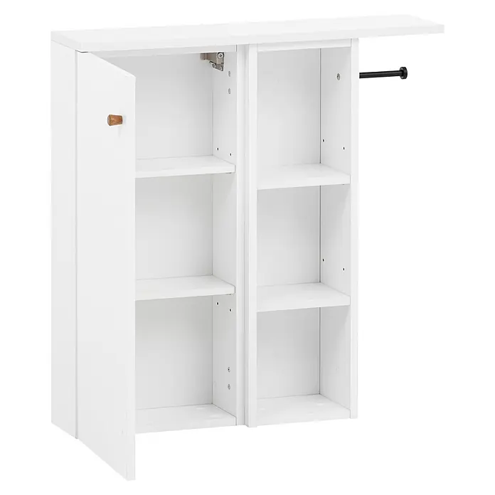 Schildmeyer Bjarne Midischrank - Mattweiß - Weißer Wandschrank mit offener Tür, Einlegeböden, einem Holzknopf und einer schwarzen Handtuchstange.