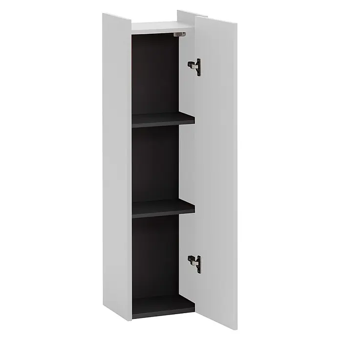 Schildmeyer Highboard Avio - B x T x H: 302 mm x 234 cm x 1.061 mm, Mattweiß - Weißer Wandschrank mit drei schwarzen Innenböden und offener Tür, der seine Staufächer zeigt.