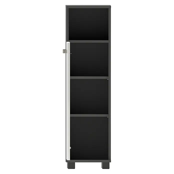Schildmeyer Hochschrank Adana - B x T x H: 598 x 326 x 1.809 cm, Anthrazit/Weiß - Hohes, dunkelgraues offenes Regal mit vier Fächern, mit einem weißen Seitenpaneel und einem silbernen Griff links.