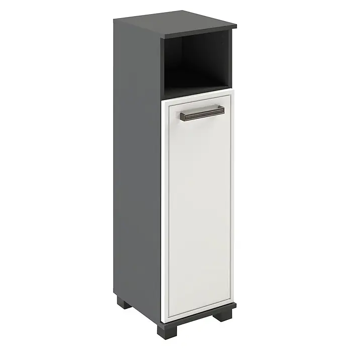 Schildmeyer Hochschrank Adana - B x T x H: 598 x 326 x 1.809 cm, Anthrazit/Weiß - Schmaler dunkelgrauer Lagerschrank mit weißer Tür, dunklem Griff und offenem Oberregal.