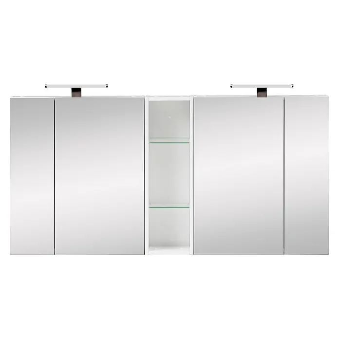 Schildmeyer LED-Spiegelschrank Roma - B x H: 1.416 x 750 mm, Holz, Weiß Glanz - Weißer Spiegelschrank für das Bad mit integrierter Beleuchtung und Glasablagen im offenen Mittelteil.
