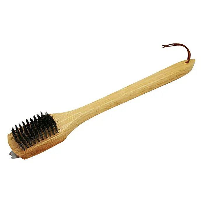 Kingstone Grillbürste - Länge: 45 cm - Eine Grillbürste mit langem Holzgriff und schwarzen Borsten zum Reinigen von Grillrosten, inklusive Schaber für hartnäckige Rückstände.