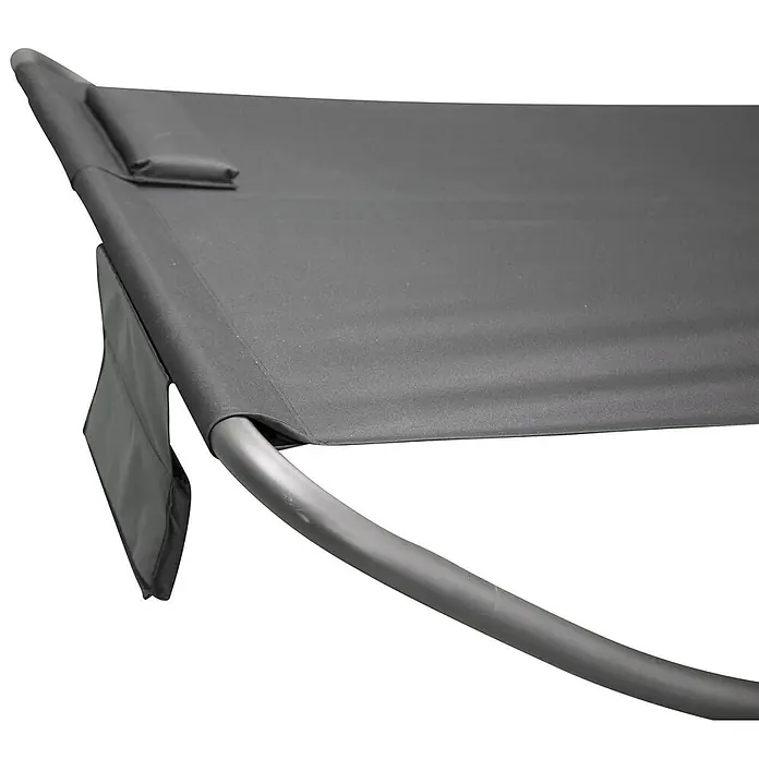 Ebuy24 Hängematte Gordo - L x B: 200 x 180 cm, Sonstiges, Schwarz - Dunkelgrauer Stoff einer Sonnenliege über einem gebogenen Metallgestell.