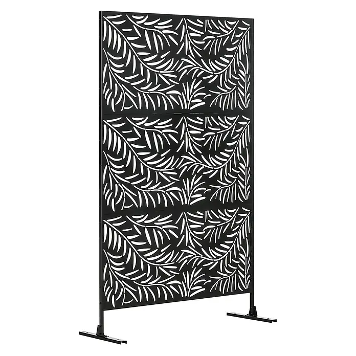Furnicato Sichtschutzelement - B x H: 45 x 198 cm, Stahl, Schwarz - Schwarzer Metall-Sichtschutz mit filigranem lasergeschnittenem Blattmuster, freistehend auf zwei Standfüßen.