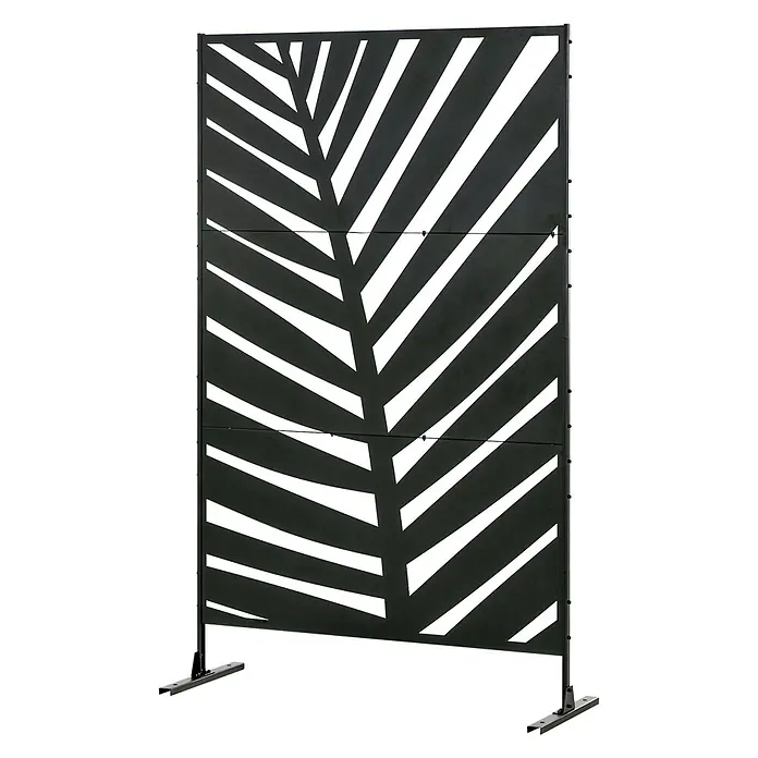 Furnicato Sichtschutzelement - B x H: 122 x 198 cm, Stahl, Schwarz - Moderner schwarzer Metall-Sichtschutz mit ausgeschnittenem Palmenblattmuster, auf zwei stabilen Füßen stehend.