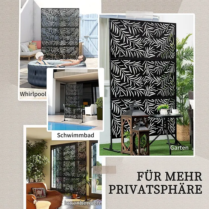 Furnicato Sichtschutzelement - B x H: 45 x 198 cm, Stahl, Schwarz - Schwarzer Metall-Sichtschutz mit Blattmuster, für Privatsphäre an Whirlpool, Pool, Garten und innen genutzt. Dekorative Raumteilung.