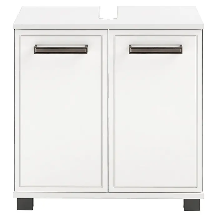 Schildmeyer Waschbeckenunterschrank Adana - B x T x H: 303 x 326 x 1.105 mm, Mattweiß/Weißglanz - Weißer Badunterschrank mit zwei Türen, dunklen Griffen und dunklen eckigen Füßen, mit einer Aussparung für ein Waschbecken.