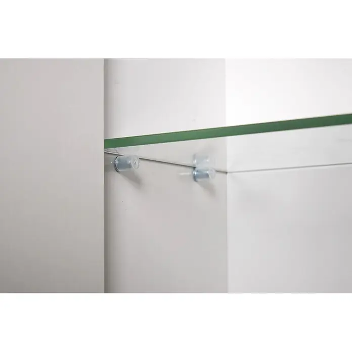 Schildmeyer LED-Spiegelschrank Sonderby - B x H: 800 x 648 mm, Holz, Weißeiche - Glasboden in einem Schrank, gehalten von transparenten Regalbodenträgern aus Kunststoff.