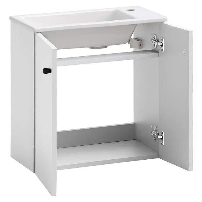 Schildmeyer Ebba Badmöbel-Set - Mattweiß - Weißer Waschtischunterschrank mit integriertem Waschbecken und offenen Türen, der ein Regal im Inneren zeigt.