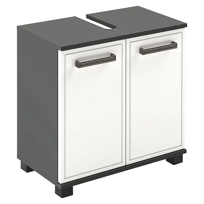Schildmeyer Waschbeckenunterschrank Adana - B x T x H: 303 x 326 x 1.105 mm, Anthrazit/Weißglanz - Zweitüriger Badschrank mit dunkelgrauer Platte, weißen Türen und Griffen, mit Spülenausschnitt.