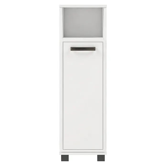 Schildmeyer Hochschrank Adana - B x T x H: 598 x 326 x 1.809 cm, Mattweiß/Weiß - Weißer Wäschekippschrank mit dunklem Metallgriff und offener Ablage oben. Mit dunklen quadratischen Füßen.