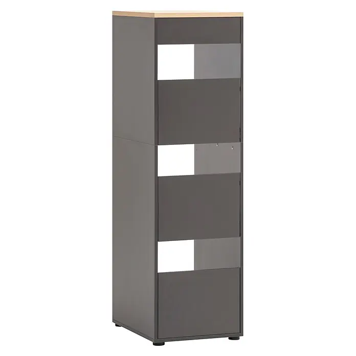 Schildmeyer Wäscheschrank Solea - Anthrazit, B x T x H: 451 x 600 x 1.547 mm - Hohes, dunkelgraues Regal mit heller Holzplatte und offenen Staufächern.