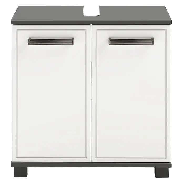 Schildmeyer Waschbeckenunterschrank Adana - B x T x H: 303 x 326 x 1.105 mm, Anthrazit/Weißglanz - Weißer Badezimmerschrank mit zwei Türen, silbernen Griffen und grauer Arbeitsplatte mit Spülenausschnitt.