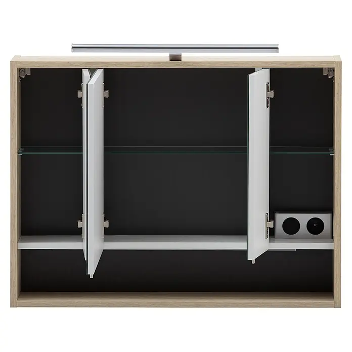Schildmeyer LED-Spiegelschrank Sonderby - B x H: 800 x 648 mm, Holz, Weißeiche - Heller Holz-Badezimmerschrank mit zwei weißen Türen leicht geöffnet, inkl. Glasboden, Lichtleiste und Steckdose.