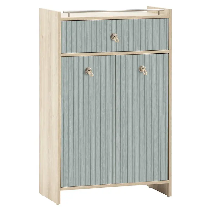 Schildmeyer Highboard Sonderby - B x T x H: 650 x 330 x 1.042 mm, Weißeiche/Eiche gestreift - Heller Holzschuhschrank mit hellgrauen Paneeltüren und Schublade, mit Metallstange oben und Seilgriffen.
