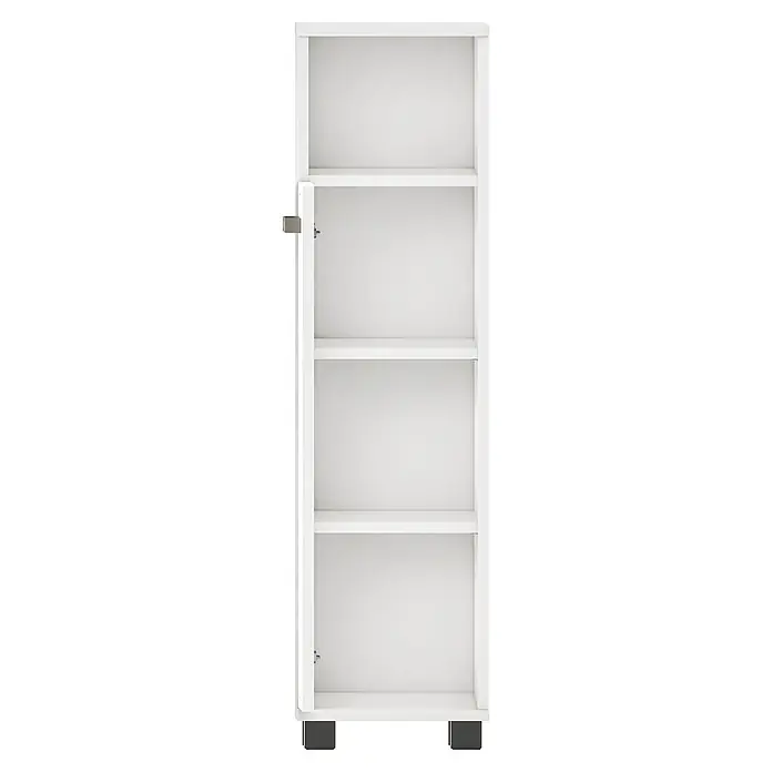 Schildmeyer Hochschrank Adana - B x T x H: 598 x 326 x 1.809 cm, Mattweiß/Weiß - Hohes weißes Regal mit mehreren offenen Fächern und dunklen Füßen.