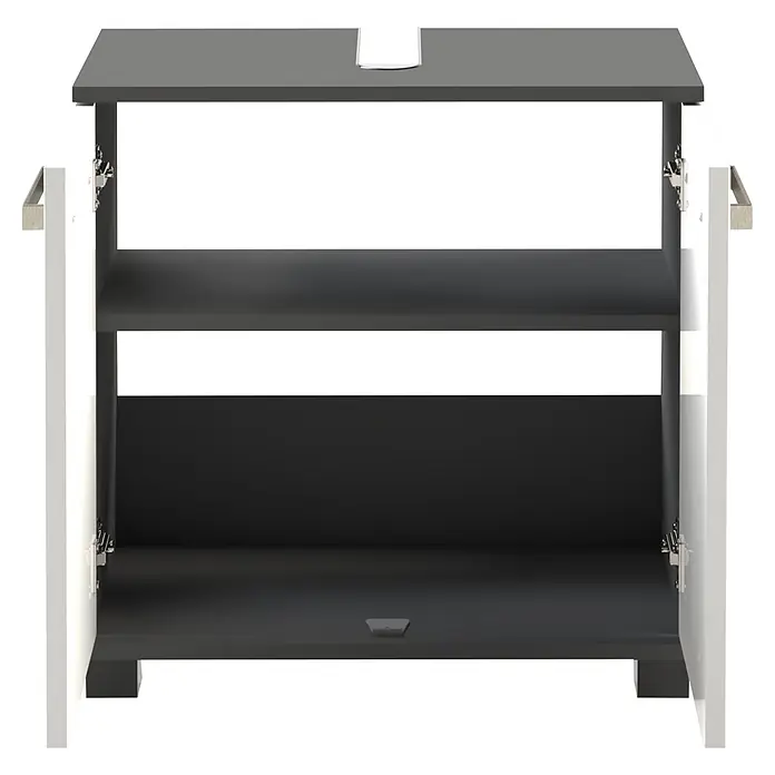 Schildmeyer Waschbeckenunterschrank Adana - B x T x H: 303 x 326 x 1.105 mm, Anthrazit/Weißglanz - Zweifarbiges (dunkelgrau/weiß) offenes Schrank mit Regalböden, Metallgriffen und einer oberen Aussparung.