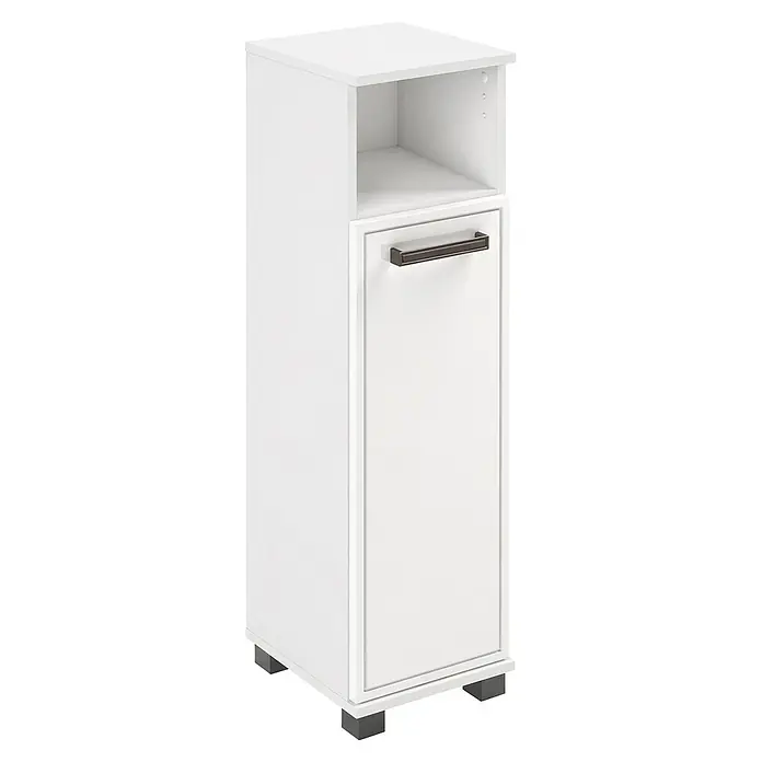 Schildmeyer Hochschrank Adana - B x T x H: 598 x 326 x 1.809 cm, Mattweiß/Weiß - Weißer hoher Hochschrank mit offenem oberen Regal, einer unteren Schranktür mit dunklem Griff und dunklen quadratischen Füßen.